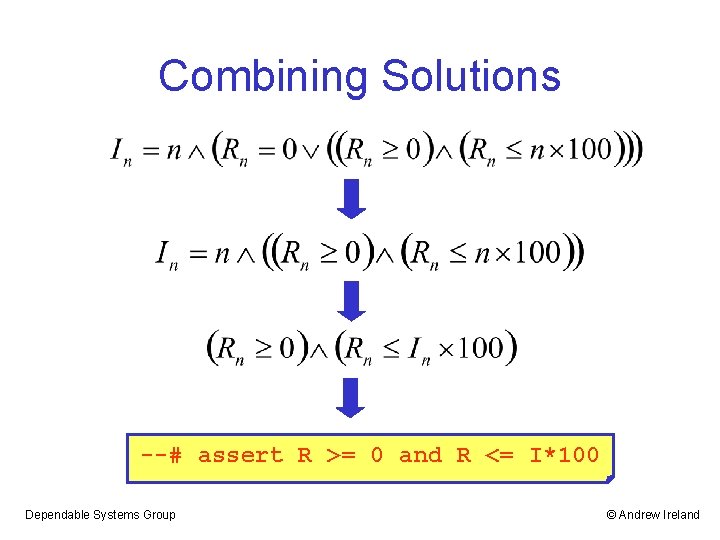 Combining Solutions --# assert R >= 0 and R <= I*100 Dependable Systems Group