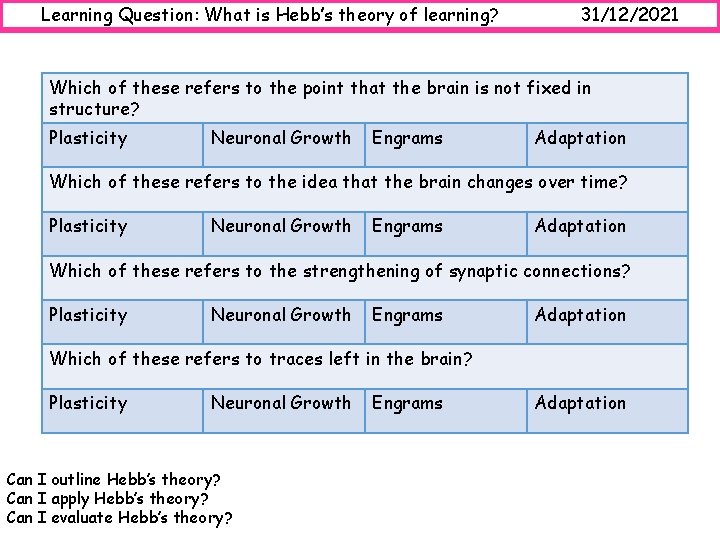 Learning Question: What is Hebb’s theory of learning? 31/12/2021 Which of these refers to