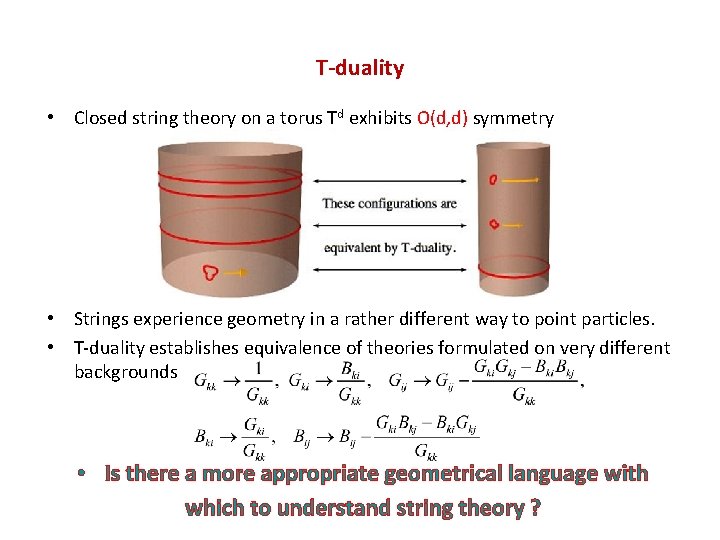 T-duality • Closed string theory on a torus Td exhibits O(d, d) symmetry •