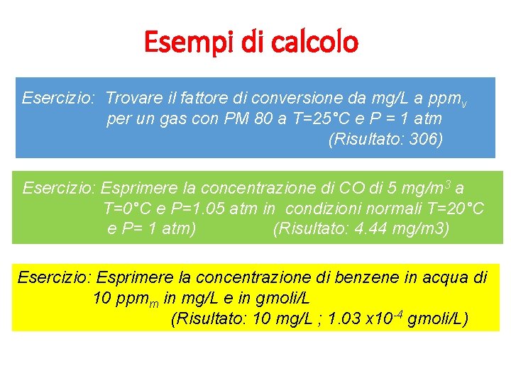 Esempi di calcolo Esercizio: Trovare il fattore di conversione da mg/L a ppmv per