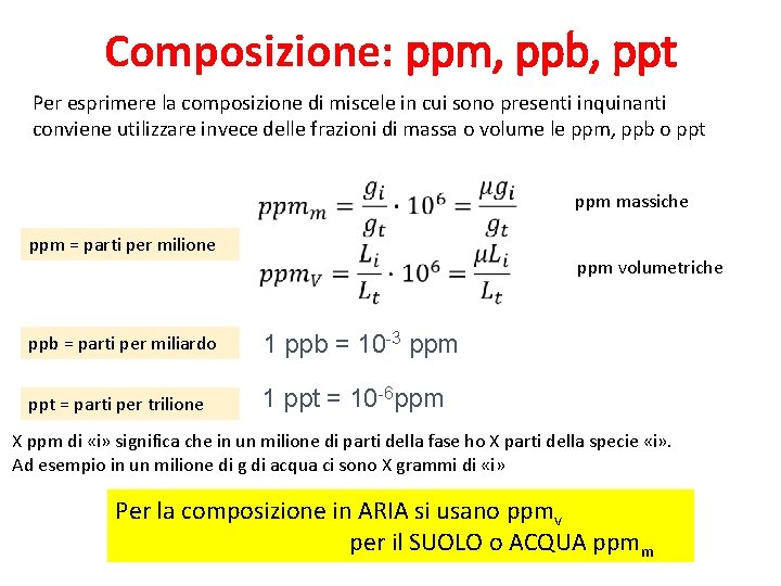 Composizione: ppm, ppb, ppt Per esprimere la composizione di miscele in cui sono presenti