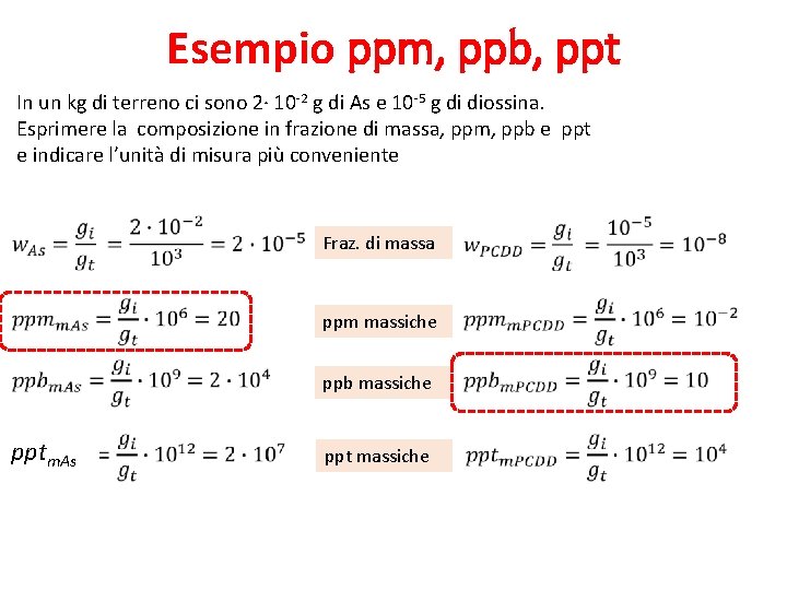 Esempio ppm, ppb, ppt In un kg di terreno ci sono 2∙ 10 -2