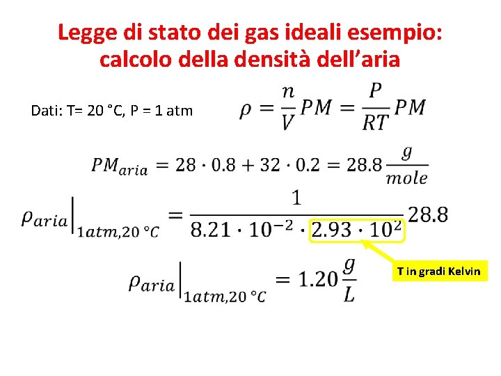 Legge di stato dei gas ideali esempio: calcolo della densità dell’aria Dati: T= 20