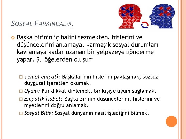 SOSYAL FARKıNDALıK, Başka birinin iç halini sezmekten, hislerini ve düşüncelerini anlamaya, karmaşık sosyal durumları