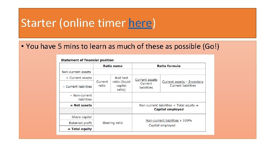 Starter (online timer here) • You have 5 mins to learn as much of