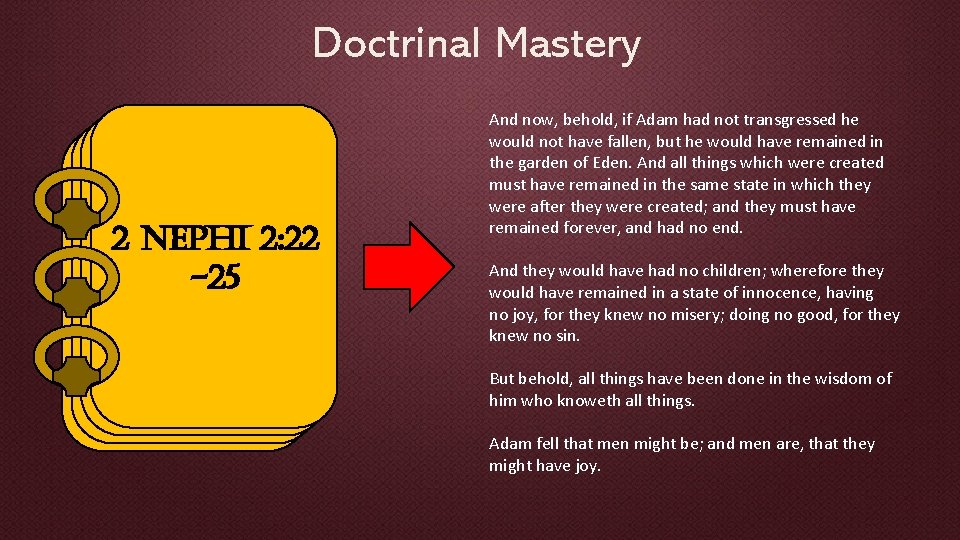 Doctrinal Mastery 2 Nephi 2: 22 -25 And now, behold, if Adam had not