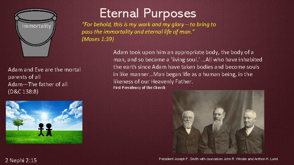 Eternal Purposes Immortality Adam and Eve are the mortal parents of all Adam—The father