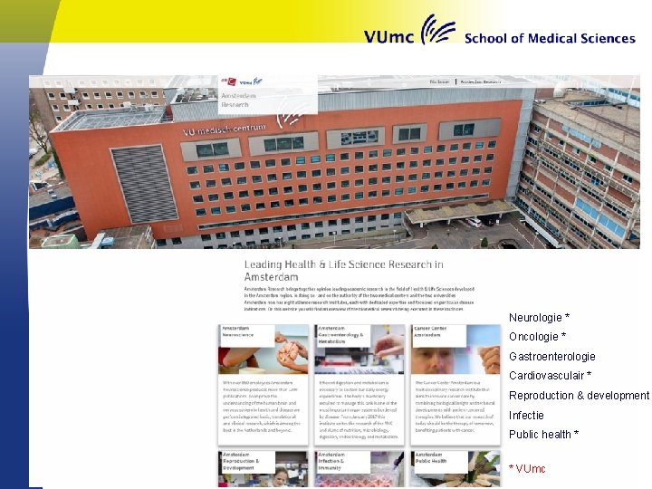 Neurologie * Oncologie * Gastroenterologie Cardiovasculair * Reproduction & development Infectie Public health *