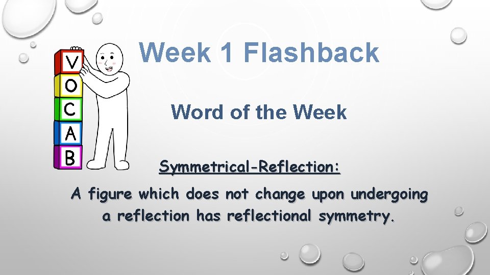 Week 1 Flashback Word of the Week Symmetrical-Reflection: A figure which does not change
