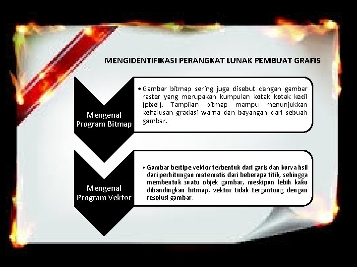 MENGIDENTIFIKASI PERANGKAT LUNAK PEMBUAT GRAFIS • Gambar bitmap sering juga disebut dengan gambar raster