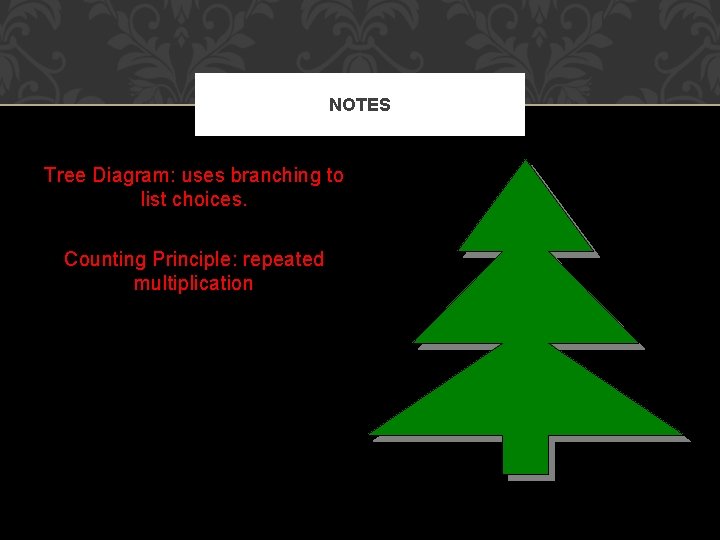 NOTES Tree Diagram: uses branching to list choices. Counting Principle: repeated multiplication 