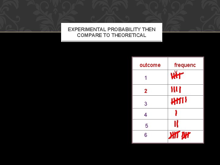 EXPERIMENTAL PROBABILITY THEN COMPARE TO THEORETICAL outcome 1 2 3 4 5 6 frequenc