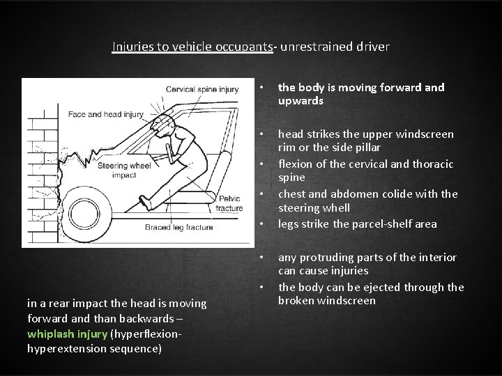 Injuries to vehicle occupants- unrestrained driver • the body is moving forward and upwards