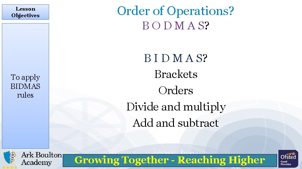 Lesson Objectives Order of Operations? B O D M A S? To apply BIDMAS