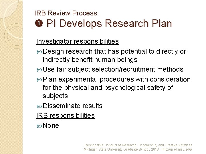 IRB Review Process: PI Develops Research Plan Investigator responsibilities Design research that has potential