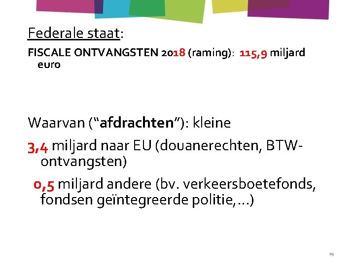 Federale staat: FISCALE ONTVANGSTEN 2018 (raming): 115, 9 miljard euro Waarvan (“afdrachten”): kleine 3,