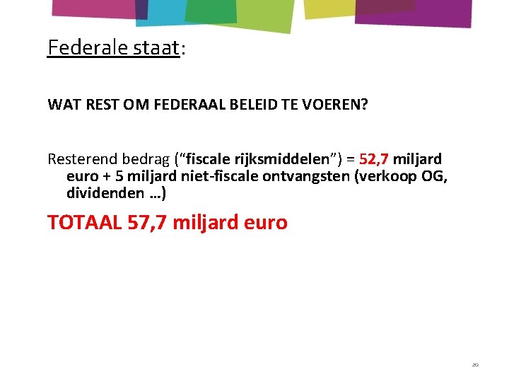 Federale staat: WAT REST OM FEDERAAL BELEID TE VOEREN? Resterend bedrag (“fiscale rijksmiddelen”) =