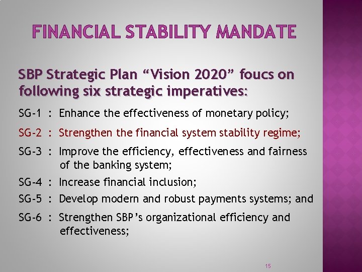 FINANCIAL STABILITY MANDATE SBP Strategic Plan “Vision 2020” foucs on following six strategic imperatives: