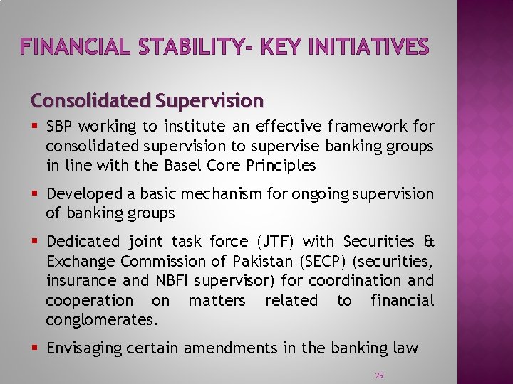 FINANCIAL STABILITY- KEY INITIATIVES Consolidated Supervision § SBP working to institute an effective framework