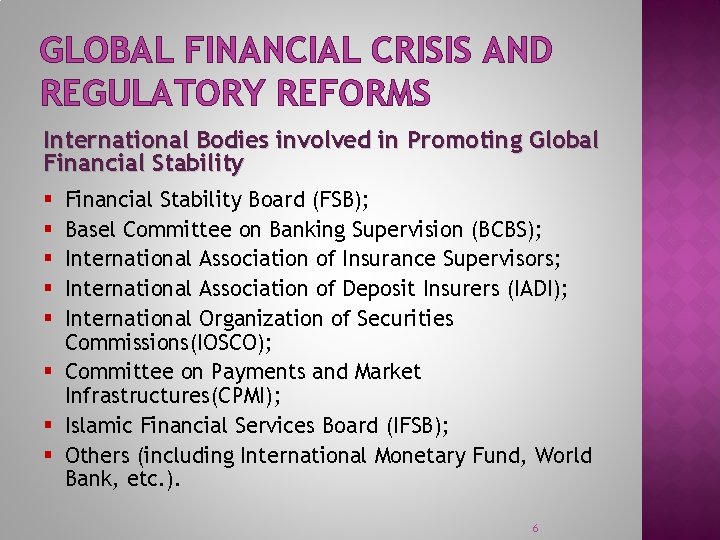 GLOBAL FINANCIAL CRISIS AND REGULATORY REFORMS International Bodies involved in Promoting Global Financial Stability