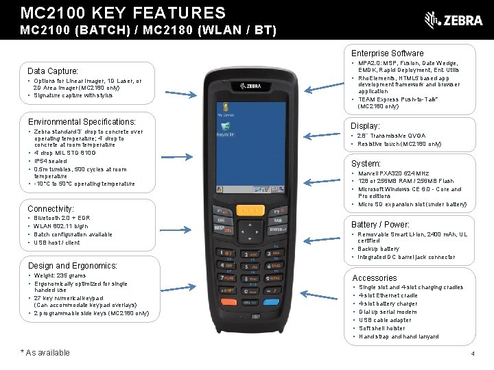 t MC 2100 KEY FEATURES MC 2100 (BATCH) / MC 2180 (WLAN / BT)