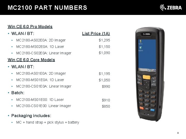 t MC 2100 PART NUMBERS Win CE 6. 0 Pro Models • WLAN /