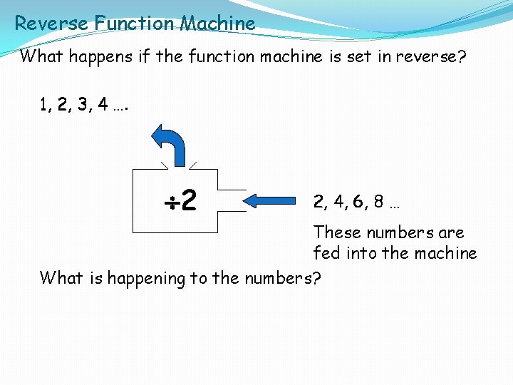 Reverse Function Machine What happens if the function machine is set in reverse? 1,