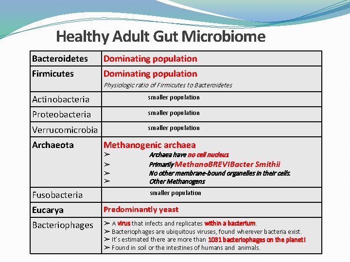 Healthy Adult Gut Microbiome Bacteroidetes Dominating population Firmicutes Dominating population Physiologic ratio of Firmicutes