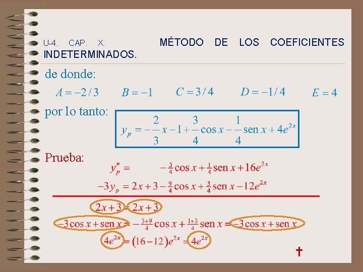 U-4. CAP. X. MÉTODO DE LOS COEFICIENTES INDETERMINADOS. de donde: por lo tanto: Prueba: