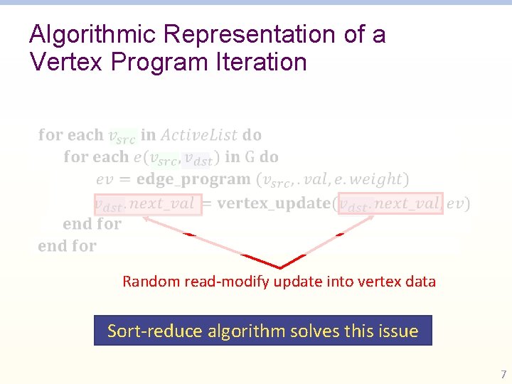 Algorithmic Representation of a Vertex Program Iteration Random read-modify update into vertex data Sort-reduce