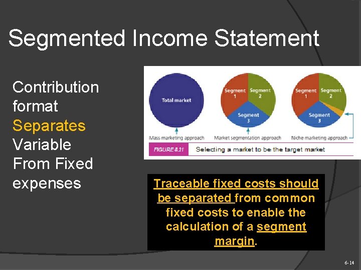 Segmented Income Statement Contribution format Separates Variable From Fixed expenses Traceable fixed costs should