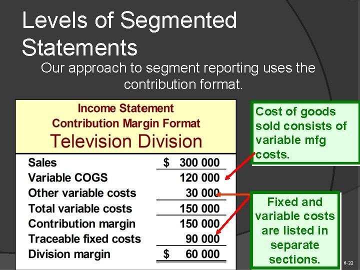 Levels of Segmented Statements Our approach to segment reporting uses the contribution format. Cost