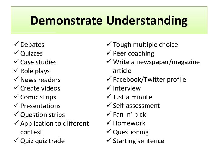 Demonstrate Understanding ü Debates ü Quizzes ü Case studies ü Role plays ü News Demonstrate Understanding ü Debates ü Quizzes ü Case studies ü Role plays ü News