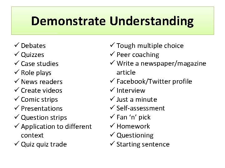 Demonstrate Understanding ü Debates ü Quizzes ü Case studies ü Role plays ü News