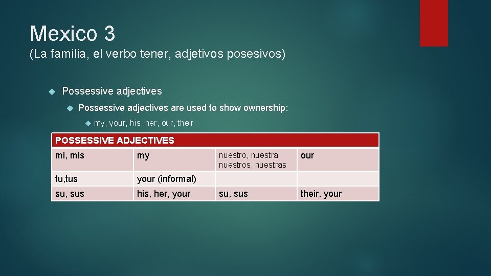 Mexico 3 (La familia, el verbo tener, adjetivos posesivos) Possessive adjectives are used to