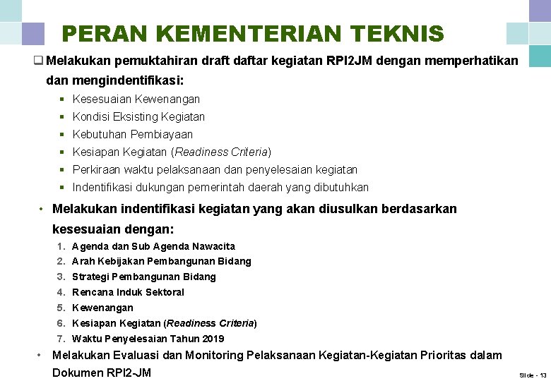 PERAN KEMENTERIAN TEKNIS q Melakukan pemuktahiran draft daftar kegiatan RPI 2 JM dengan memperhatikan