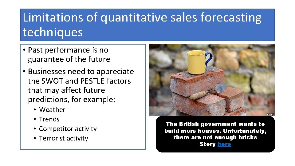 Limitations of quantitative sales forecasting techniques • Past performance is no guarantee of the