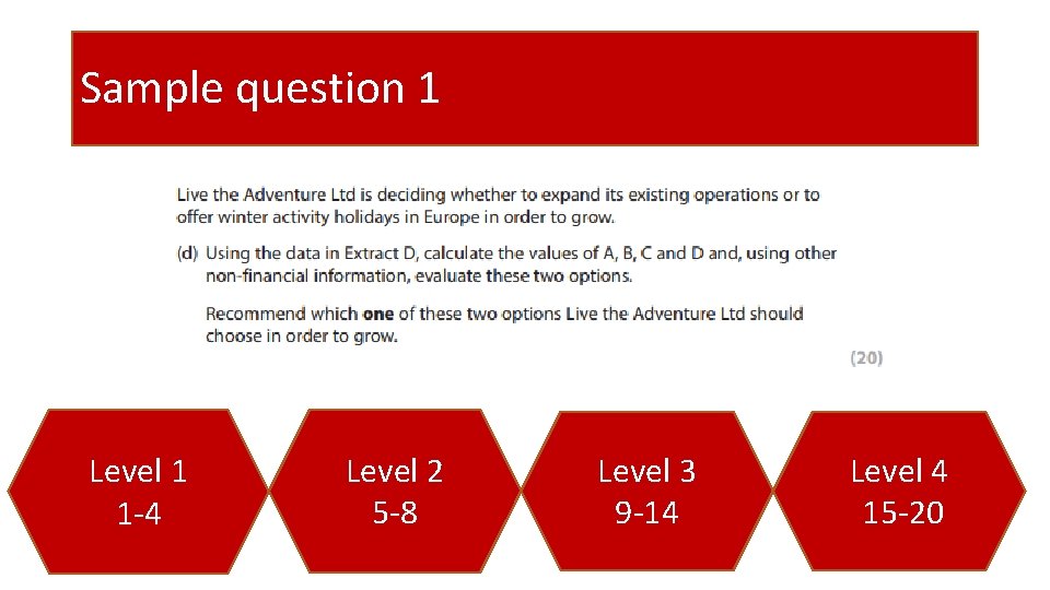 Sample question 1 Level 1 1 -4 Level 2 5 -8 Level 3 9