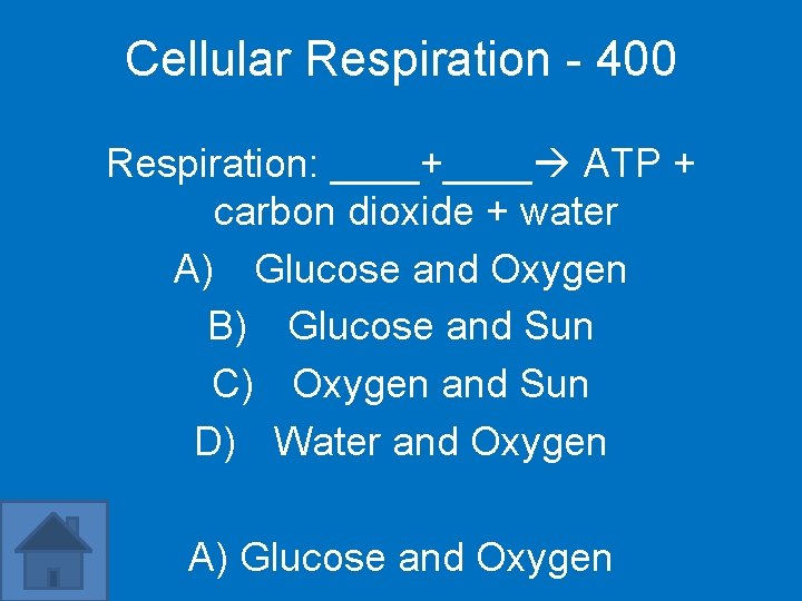 Cellular Respiration - 400 Respiration: ____+____ ATP + carbon dioxide + water A) Glucose