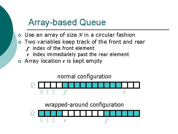 Array-based Queue ¡ ¡ Use an array of size N in a circular fashion