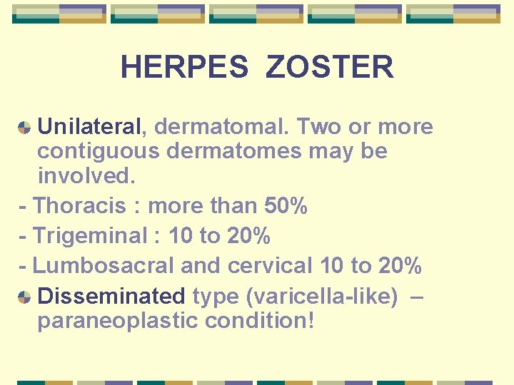 HERPES ZOSTER Unilateral, dermatomal. Two or more contiguous dermatomes may be involved. - Thoracis