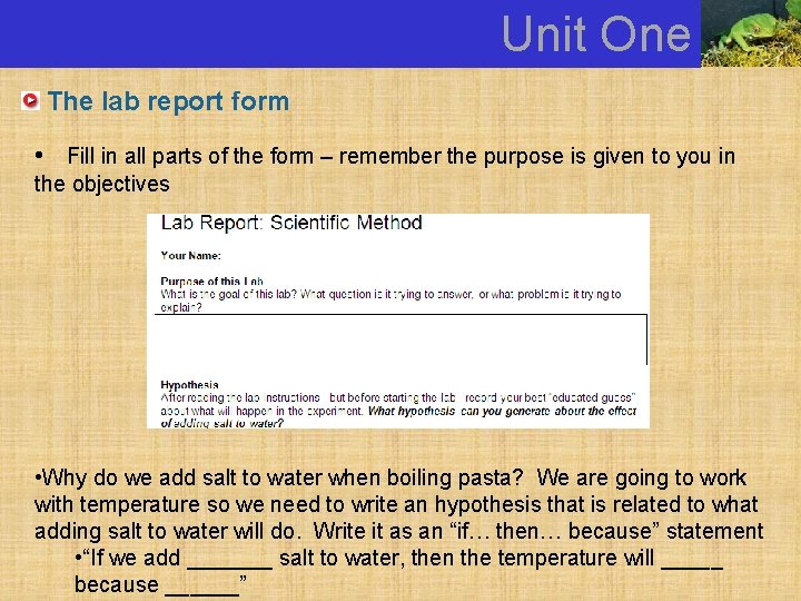 Unit One The lab report form • Fill in all parts of the form