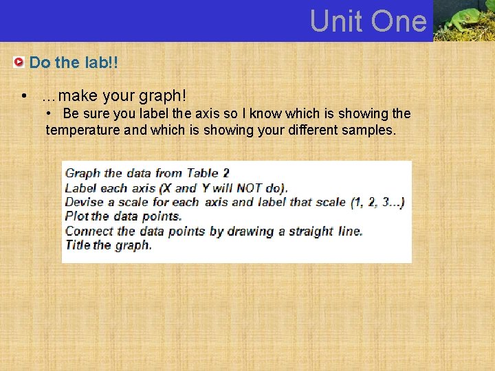 Unit One Do the lab!! • …make your graph! • Be sure you label