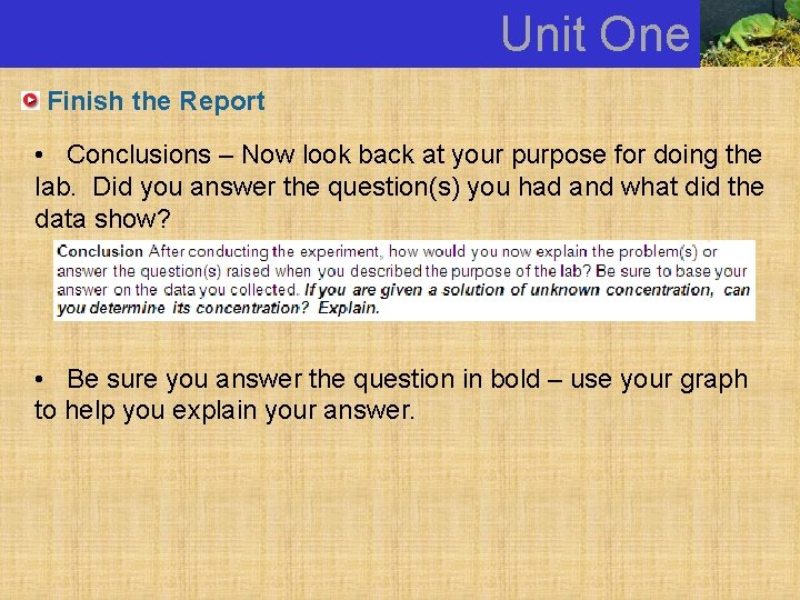 Unit One Finish the Report • Conclusions – Now look back at your purpose