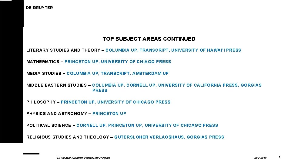 TOP SUBJECT AREAS CONTINUED Ø LITERARY STUDIES AND THEORY – COLUMBIA UP, TRANSCRIPT, UNIVERSITY