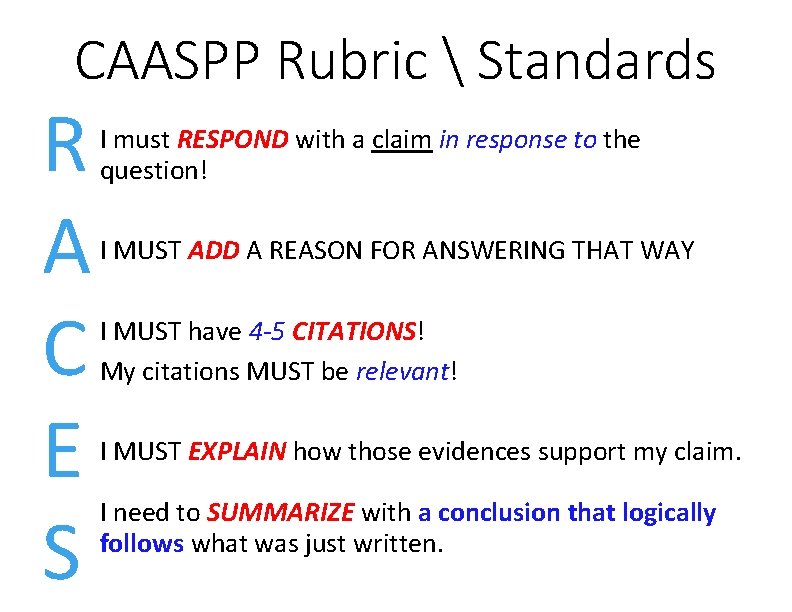 CAASPP Rubric  Standards R A C E S I must RESPOND with a