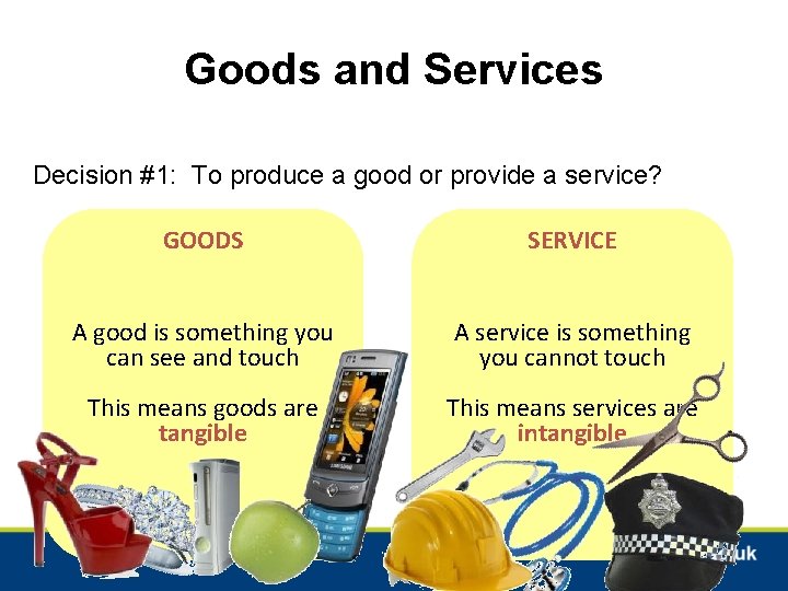 Goods and Services Decision #1: To produce a good or provide a service? GOODS