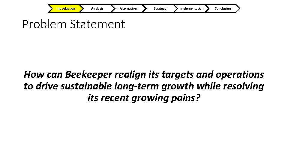 Introduction Analysis Alternatives Strategy Implementation Conclusion Problem Statement How can Beekeeper realign its targets