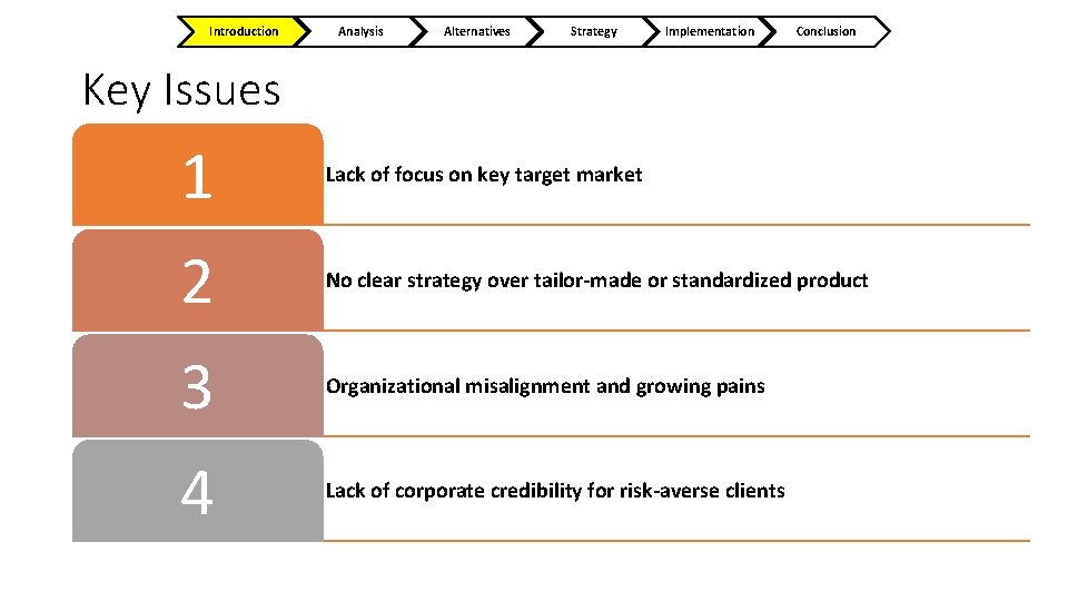 Introduction Analysis Alternatives Strategy Implementation Conclusion Key Issues 1 Lack of focus on key
