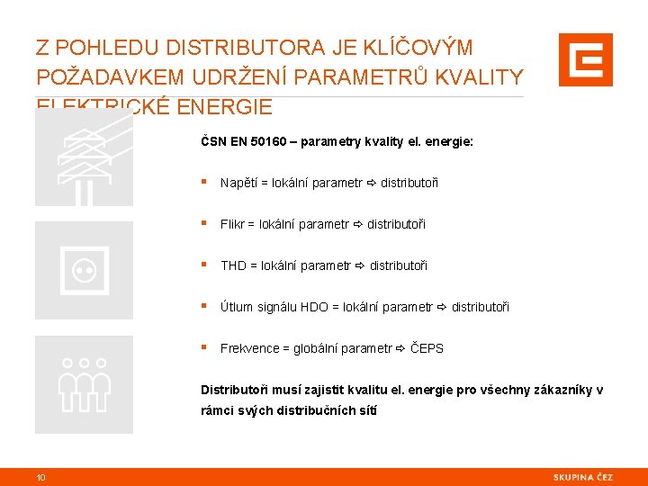 Z POHLEDU DISTRIBUTORA JE KLÍČOVÝM POŽADAVKEM UDRŽENÍ PARAMETRŮ KVALITY ELEKTRICKÉ ENERGIE ČSN EN 50160 Z POHLEDU DISTRIBUTORA JE KLÍČOVÝM POŽADAVKEM UDRŽENÍ PARAMETRŮ KVALITY ELEKTRICKÉ ENERGIE ČSN EN 50160